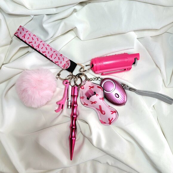 8 Piece Cancer Ribbon Safety Keychain Set, Alarm w/ Flashlight, Window Breaker - Picture 1 of 2